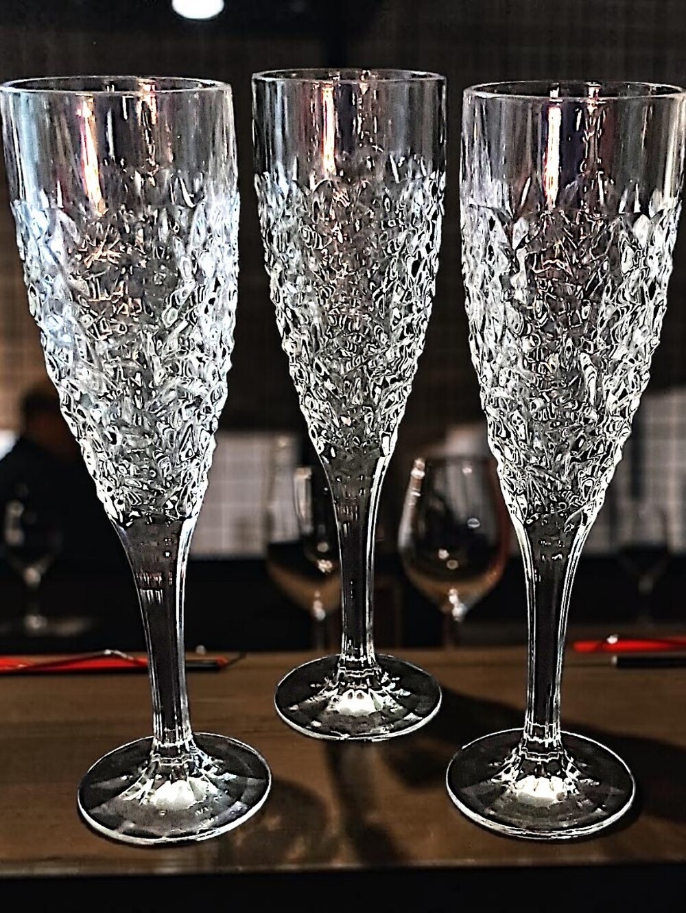 3 Vintage Sasaki Ice Crystal Champagne Flutes Glasses Rain Water Look Textured